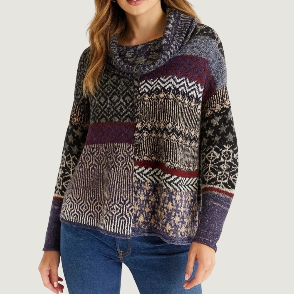 Free People Patchwork Cowl Neck Knit Sweater, Rolled Edge Hem, Small, Bohochic